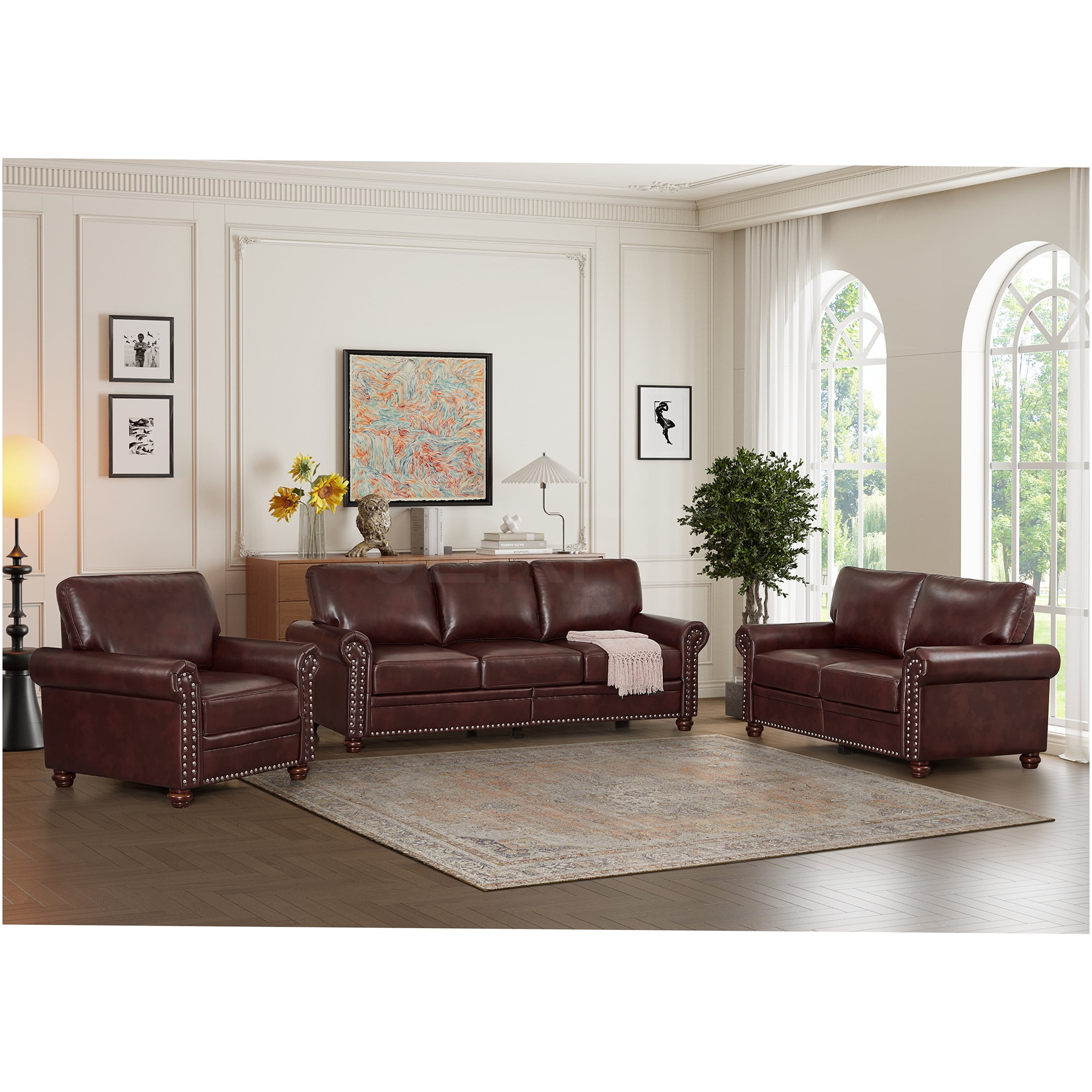 Image showcasing JERFIT Burgundy PU Leather Sectional Sofa Couch with Storage, 6-Seat L ...