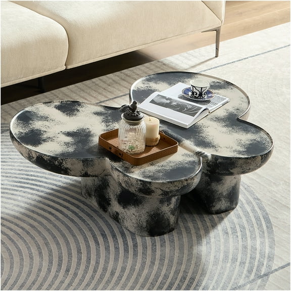 JERFIT Butterfly Coffee Table, Fiberglass End Table with Black & Beige Marble Look Top, Modern Accent Table for Living Room, Office
