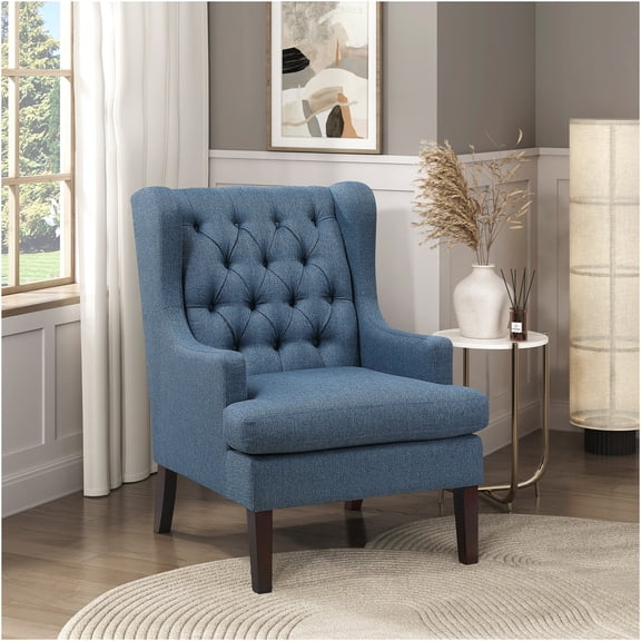JERFIT Button Tufted Accent Chair for Living Room, Blue Upholstered Lounge Chair with Espresso Wood Legs