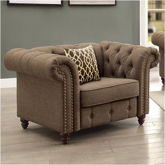 JERFIT Button Tufted Accent Chair with Cushion, Upholstered Fabric Lounge Chair with Pillow for Living Room, Bedroom, Brown