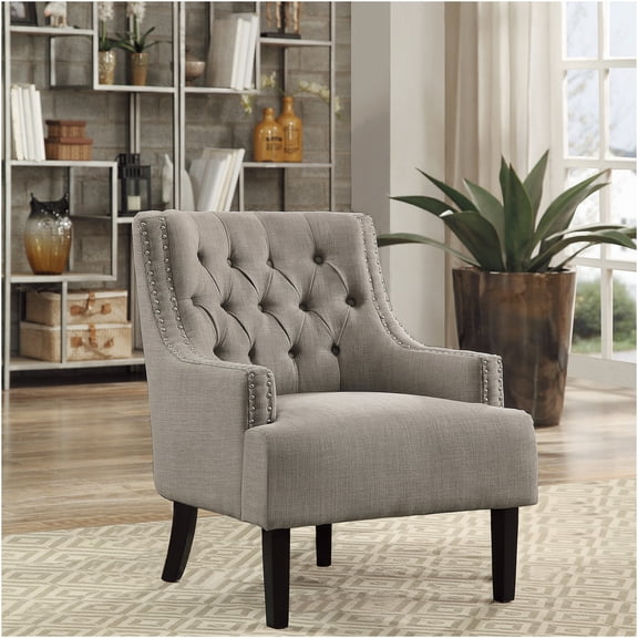 JERFIT Button Tufted Accent Chair with Nailhead Trim, Taupe Upholstered Armchair for Living Room, Modern Traditional Solid Wood Frame Lounge Chair