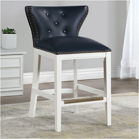 JERFIT Button Tufted Faux Leather Counter Stool with Wood Base, Dark Blue Upholstered Bar Stool for Kitchen Island, Breakfast Nook