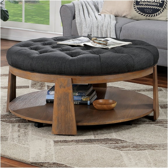 JERFIT Button Tufted Ottoman with Storage Shelf, Round Foot Stool for Living Room, Dark Gray Wire-Brushed Finish Accent Pouf