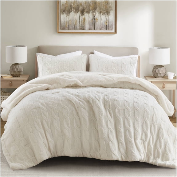 JERFIT Cable Knit Chenille Bedding Set, Full/Queen 3-Piece Comforter with Shams, Ultra Soft Thermal Sherpa Reversible Blanket, Ivory