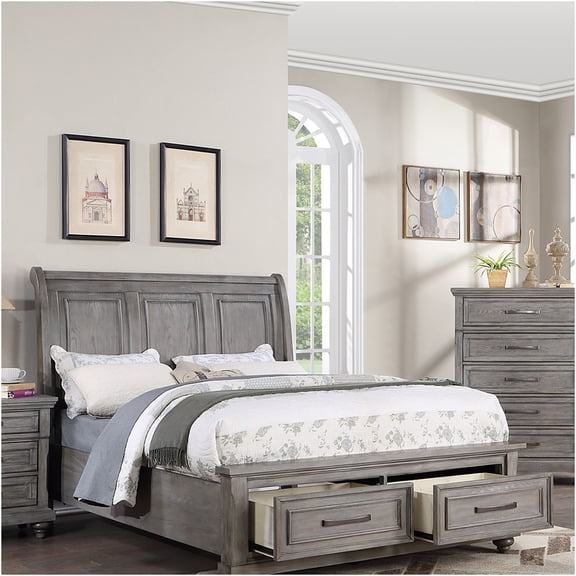 JERFIT California King Bed Frame with Storage Drawers, Vintage Sleigh Design Headboard in Antique Gray for Master Bedroom