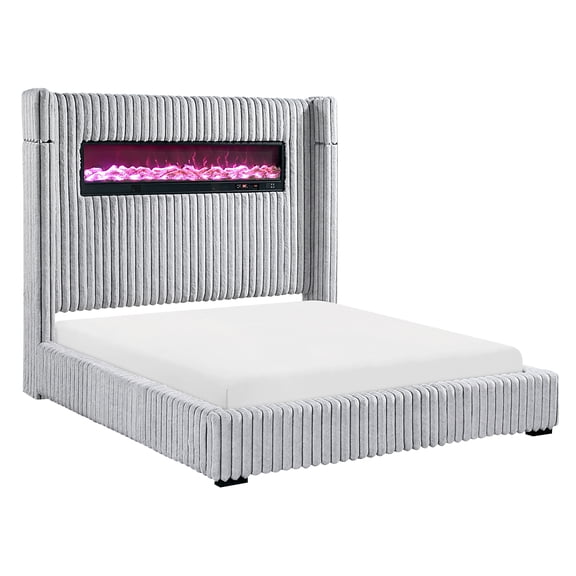 JERFIT California King Bed with LED Fireplace Headboard, Gray Corduroy Upholstered Modern Platform Bed Frame, Remote Control & Built-in Speaker
