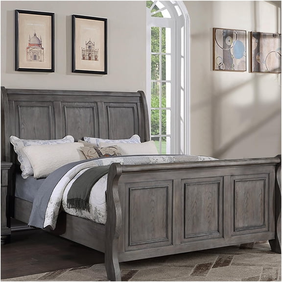 JERFIT California King Sleigh Bed with Upholstered Headboard, Antique Gray Wood Panel Bed Frame for Modern Master Bedroom