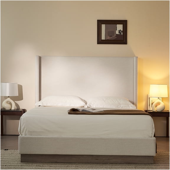 JERFIT California King Upholstered Bed Frame with Wingback Headboard, Platform Bed, No Box Spring Needed, Textured Boucle Fabric, Light Grey and Oak Finish