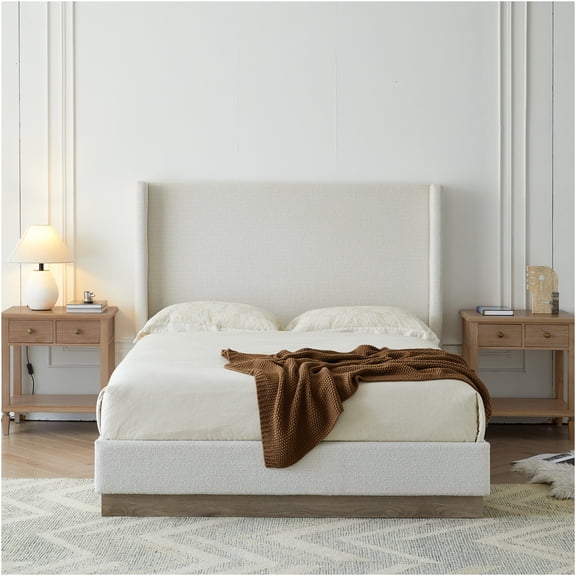 JERFIT California King Upholstered Bed Frame with Wingback Headboard, Cream White Boucle Fabric, Platform Bed No Box Spring Needed