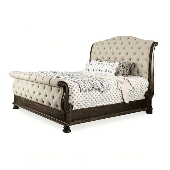 JERFIT California King Upholstered Sleigh Bed Frame with Tufted Headboard, Rustic Beige Fabric and Solid Wood