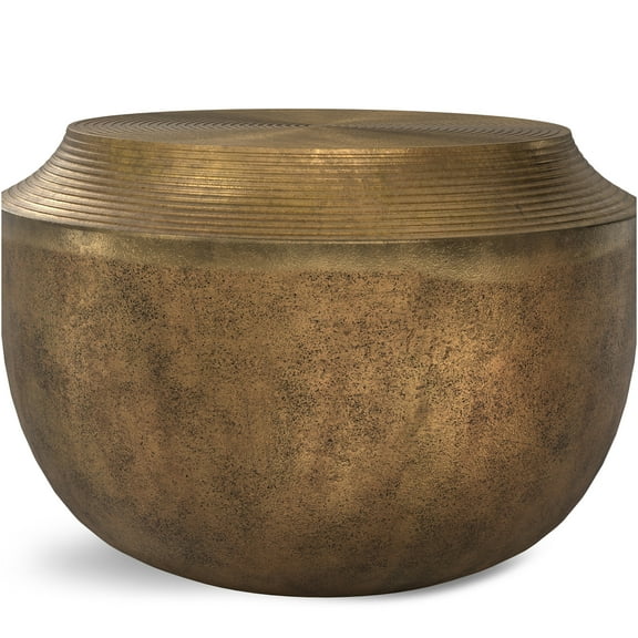 JERFIT Cast Aluminum Coffee Table, 40 Inch Round Drum Cocktail Table with Textured Antique Brass Finish for Living Room, Patio, Garden