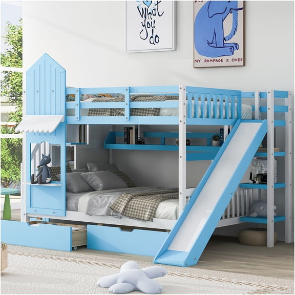 JERFIT Castle Style Bunk Bed with 2 Drawers 3 Shelves and Slide - Blue