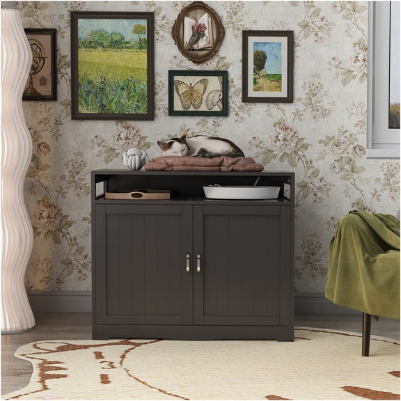 JERFIT Cat Litter Box Enclosure Furniture with Hidden Power Outlet, 2-Door Cabinet, Washroom Privacy House, Storage Bench Side Table for Large Cats, Walnut Finish