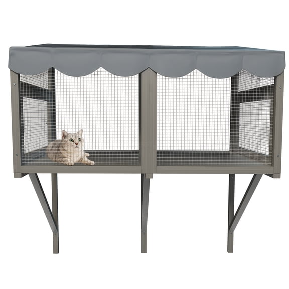 JERFIT Cat Window Enclosure Box, Gray Wooden Catio Perch for Indoor Cats, Expandable Outdoor Haven with Weather-Resistant Roof, Secure Wall Mount