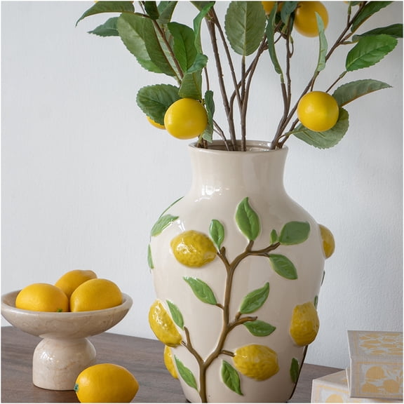 JERFIT Ceramic Vase with Lemon and Vine Motif, Farmhouse & French Country Decor, White and Yellow Floral Vase for Centerpiece, Home and Kitchen Decor