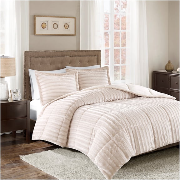 JERFIT Champagne Faux Fur Comforter Set for Queen Bed, Ultra Soft Hypoallergenic Bedding Set with 2 Shams, Plush Furry Reversible Duvet Insert, OEKO-TEX Certified, Machine Washable