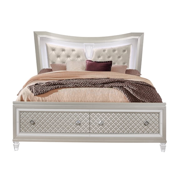 JERFIT Champagne Queen Size Bed with LED Light Headboard, Upholstered Platform Bed with Jewel Embellishments and Acrylic Legs for Modern Bedroom