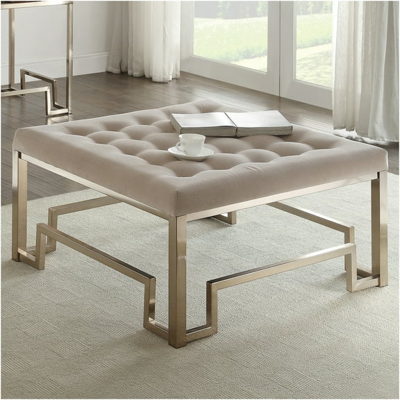 JERFIT Champagne Tufted Cocktail Ottoman with Metal Base, Square Upholstered Footstool for Living Room