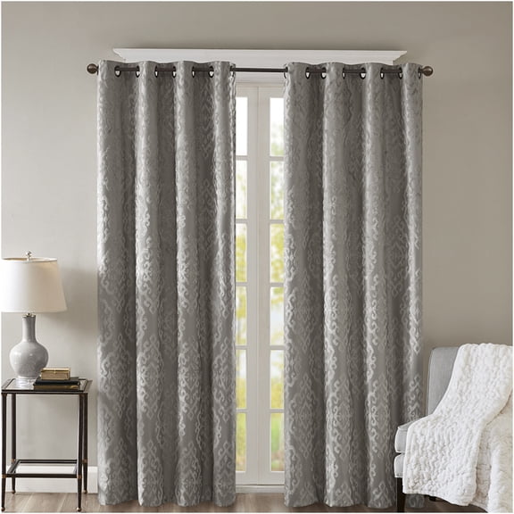 JERFIT Charcoal Blackout Curtains 50x108 Inch Single Panel, Thermal Insulated Grommet Window Drapes for Bedroom, Noise Reducing Knitted Jacquard Damask Polyester