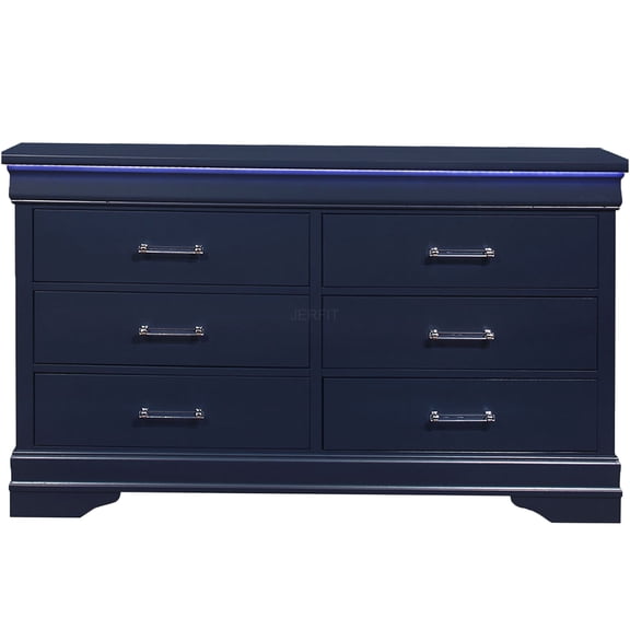 JERFIT Charleston 6-Drawer LED Dresser, Blue Wood Bedroom Chest with Soft Lighting, Modern Storage Cabinet