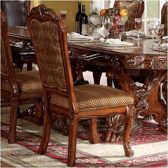 JERFIT Cherry Oak Upholstered Side Chairs Set of 2, Beige Checkered Floral Fabric Padded Dining Chairs with Arched Back