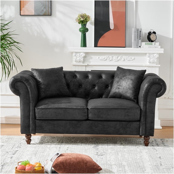 JERFIT Chesterfield 2-Seater Sofa with Rolled Arms, Modern Upholstered Couch in Stain-Resistant Fabric for Living Room, Apartment, Office - Black