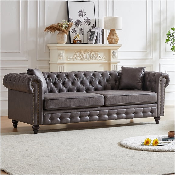 JERFIT Chesterfield Sofa 3 Seater, Modern Rolled Arm Sofa with Button Tufting, Tech Fabric Couch for Living Room, Grey