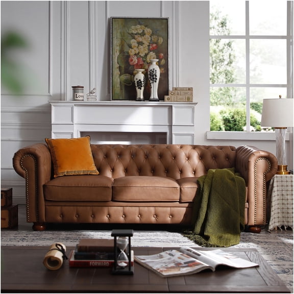 JERFIT Chesterfield Sofa in Rich Brown Faux Leather, 3-Seater Traditional Rolled Arm Couch with Nailhead Trim for Living Room