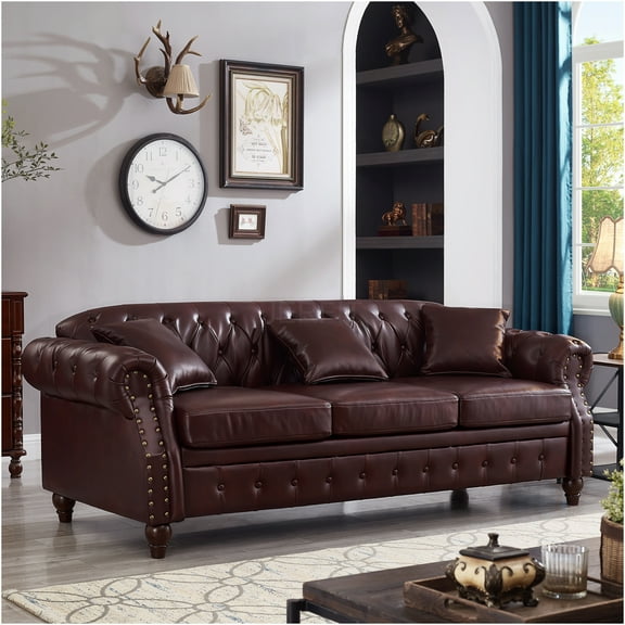JERFIT Chesterfield Sofa with Storage, 3-Seat Faux Leather Upholstered Couch for Living Room, Classic Tufted Design, Burgundy