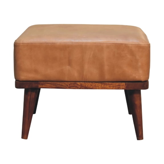 JERFIT Chestnut Buffalo Leather Ottoman Footstool, Wooden Storage Pouf Bench for Living Room, Sofa Accent Stool with Tufted Button Design