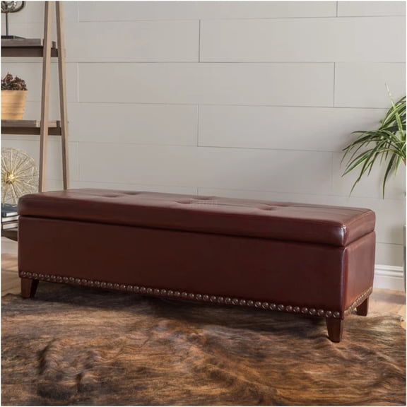 JERFIT Chestnut Leather Storage Ottoman Bench, Tufted Upholstered Foot Rest with Lid for End of Bed, Living Room, Bedroom