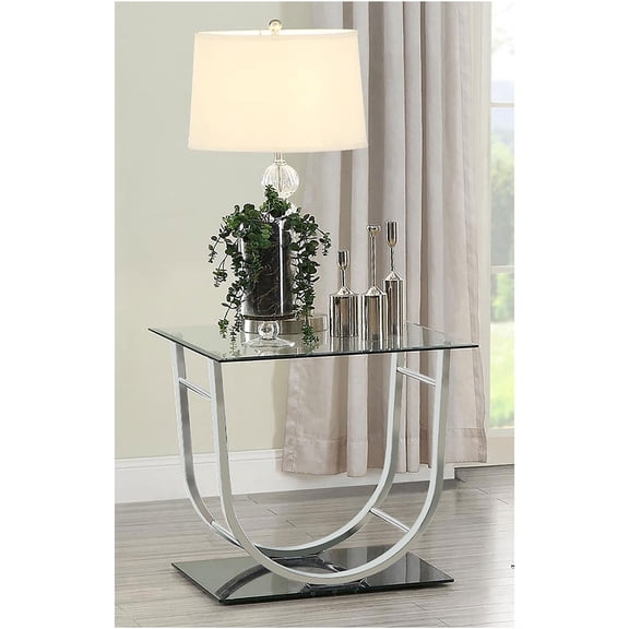 JERFIT Chrome End Table with Glass Top, Modern U-Shaped Side Table for Living Room, Bedroom, Office