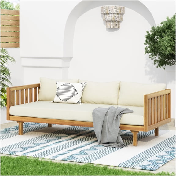 JERFIT Claremont Teak Wood Outdoor Daybed with Water-Resistant Cushions, 3-Seater Sofa Bed for Patio, Porch, Garden