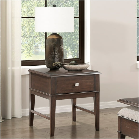 JERFIT Classic End Table with USB Charging Port & Drawer, Brown Wood Nightstand for Living Room, Bedroom or Office