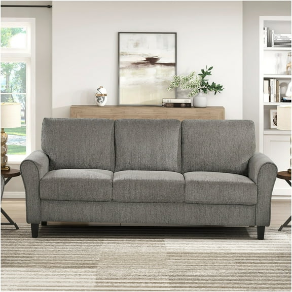 JERFIT Classic Transitional Sofa for Living Room, Brown Gray Chenille Fabric 3-Seater Couch with Rolled Arms and Black Faux Wood Legs