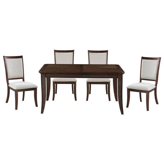 JERFIT Claymont 5-Piece Extendable Dining Set, Traditional Wood Table and Chairs with Cherry Finish and Walnut Inlay, Beige Upholstered Seats for 4-8