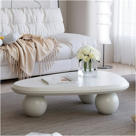 JERFIT Cloud Coffee Table, 3 Ball Legs Modern Teardrop Sofa Table for Small Spaces, Creamy White Accent Center Table for Living Room