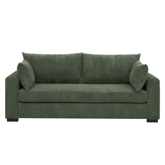 JERFIT Coastal 2-Seater Sofa with Pillows, Green Corduroy Upholstered Couch for Living Room, Modern Beach Style Furniture
