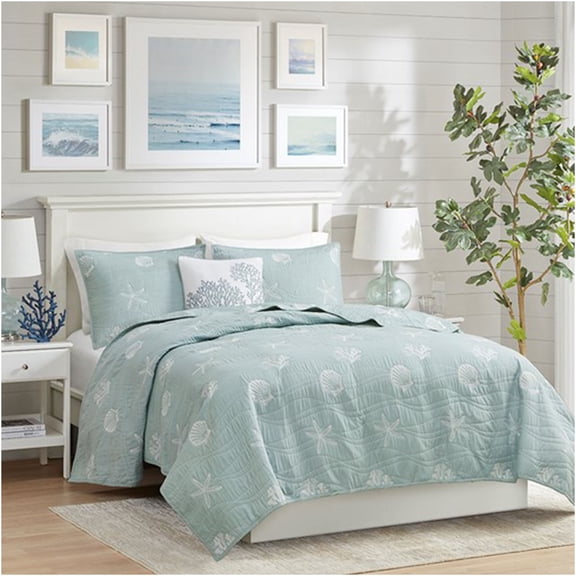 JERFIT Coastal 4-Piece Reversible King Quilt Set with Pillow, Aqua Embroidered Seashell & Starfish Design, 100% Cotton Percale Bedding