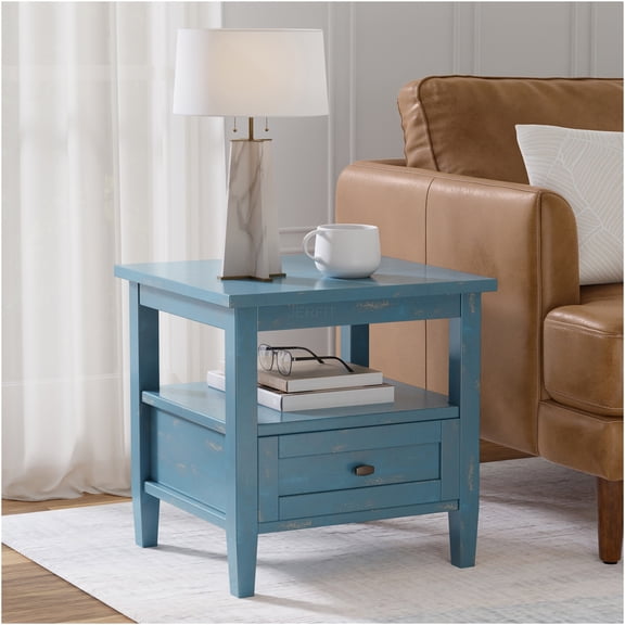 JERFIT Coastal Blue Shaker End Table with Drawer, Solid Pine Wood Nightstand or Side Table for Living Room, Bedroom