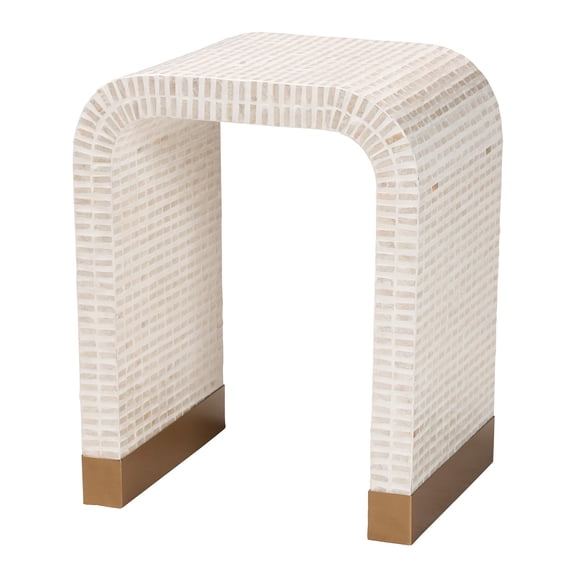 JERFIT Coastal Capiz Shell End Table with Mosaic Top, Beige Accent Table for Living Room, Fully Assembled Waterfall Design Bedside Table