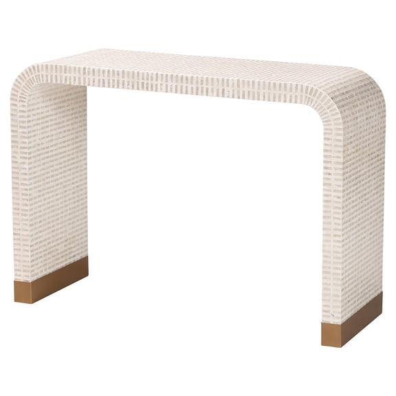 JERFIT Coastal Console Table with Capiz Shell Inlay, Beige Sofa Table Fully Assembled for Entryway, Hallway & Living Room