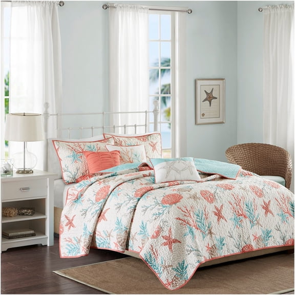 JERFIT Coastal Coral 6-Piece Bedding Set with Quilt, Shams & Decorative Pillows for Full/Queen Size, OEKO-TEX Certified