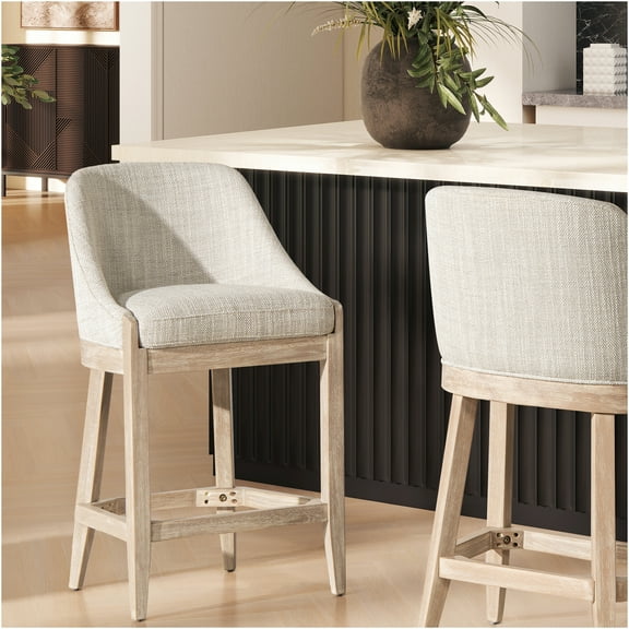 JERFIT Coastal Curved Back Counter Stool, Upholstered Bar Stool with Wood Legs for Kitchen Island, Modern Comfort Dining Chair, Gray