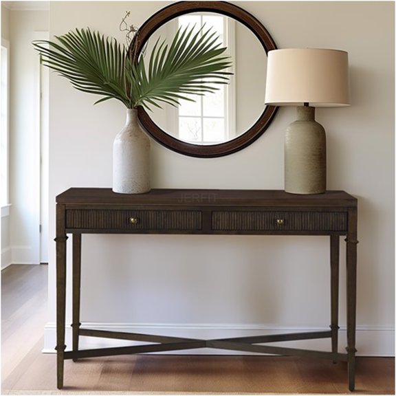 JERFIT Coastal Modern Fluted Console Table with 2 Drawers, Brown Storage End Table for Entryway, Hallway & Living Room