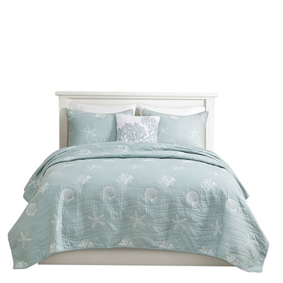 JERFIT Coastal Reversible 4-Piece Quilt Set with Pillow, Aqua Blue, Embroidered Starfish & Seashells, 100% Cotton, Full/Queen Bedding