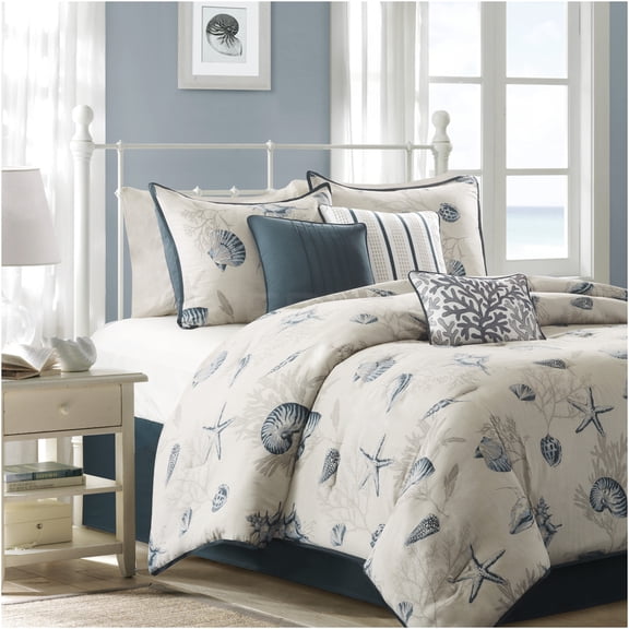 JERFIT Coastal Seashell 7-Piece California King Comforter Set, Blue & Ivory Reversible Bedding Collection with Decorative Pillows and Bed Skirt