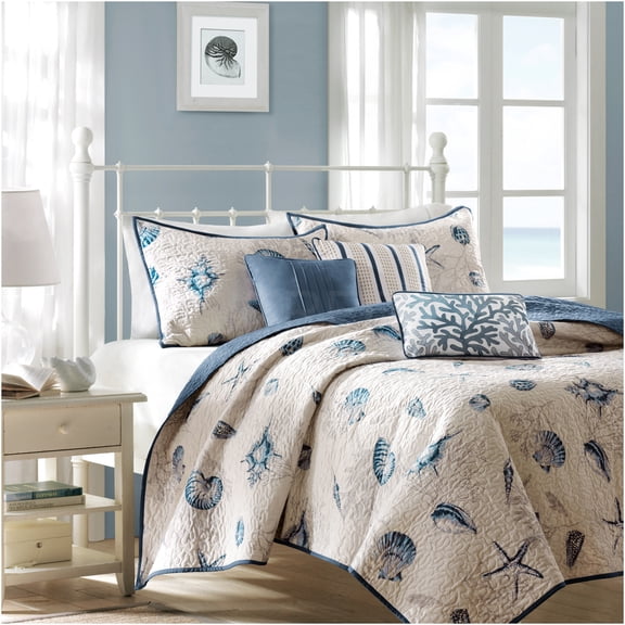 JERFIT Coastal Seashell & Coral Reversible 6-Piece Quilt Set with Decorative Pillows, Brushed Microfiber Bedding, Light & Dark Blue, Twin/Twin XL