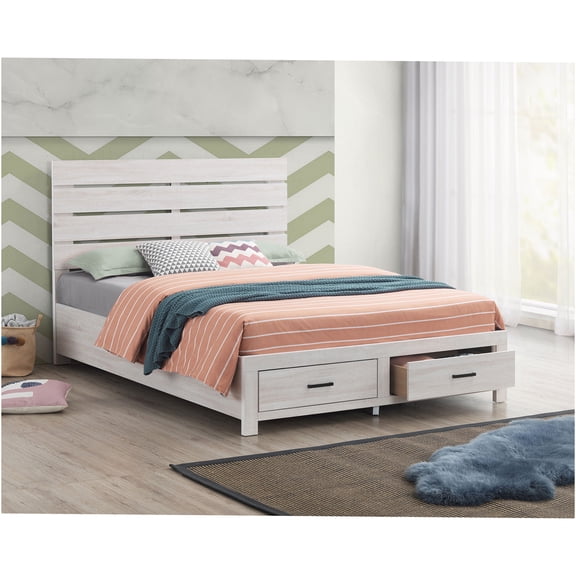 JERFIT Coastal White Queen Storage Bed with Drawers, Solid Wood MDF Platform Panel Bed with Slatted Headboard, No Box Spring Needed