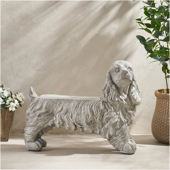 JERFIT Cocker Spaniel Garden Bench Statue, Cast Stone Dog Bench for Patio, Weather-Resistant Outdoor Decorative Seating, Gray